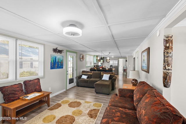 living room featuring hardwood / wood-style flooring and coffered ceiling