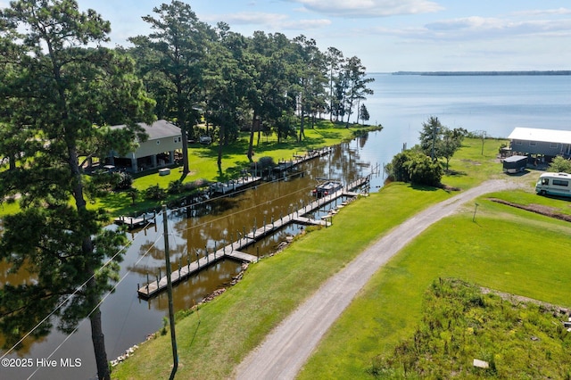 bird's eye view with a water view