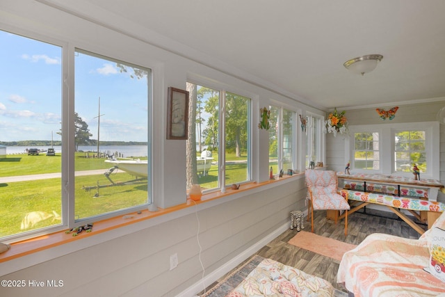 sunroom featuring a water view and a healthy amount of sunlight