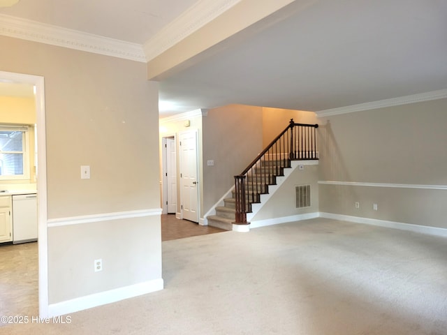 unfurnished living room with visible vents, ornamental molding, baseboards, light colored carpet, and stairs