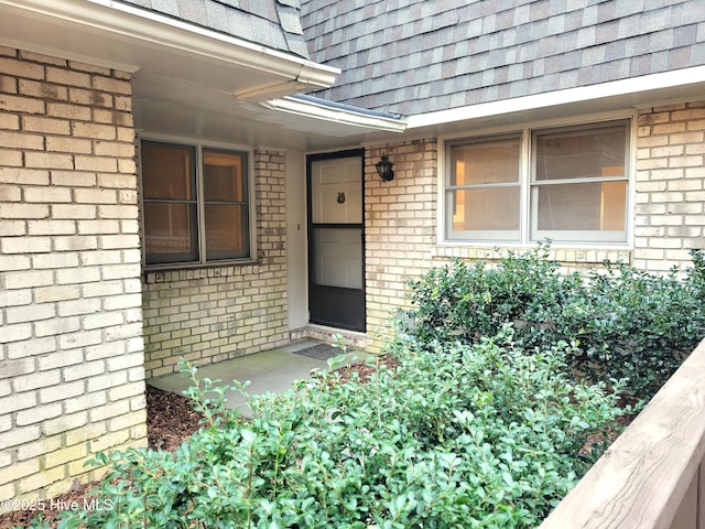 doorway to property featuring brick siding and a shingled roof