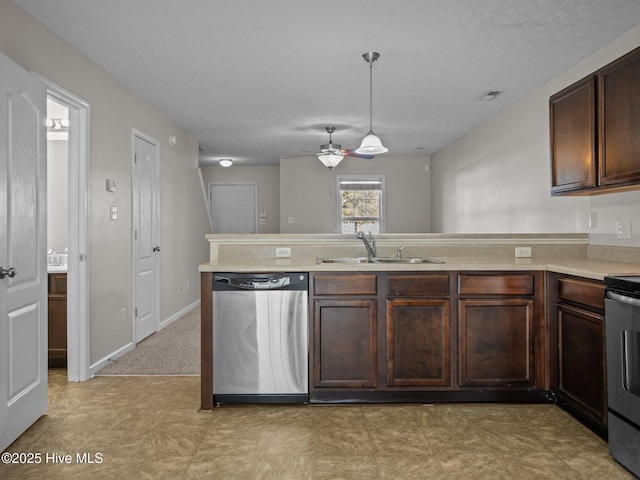 kitchen with decorative light fixtures, sink, appliances with stainless steel finishes, ceiling fan, and dark brown cabinetry