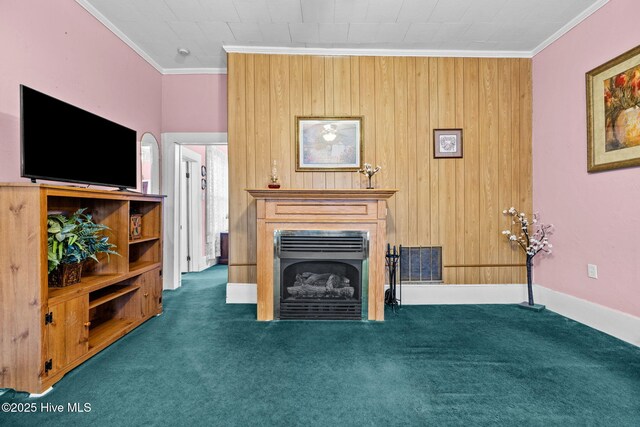 carpeted living room with crown molding