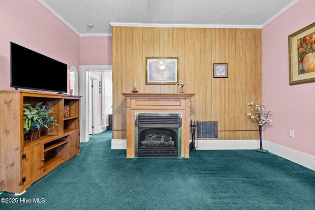 carpeted living room with ornamental molding