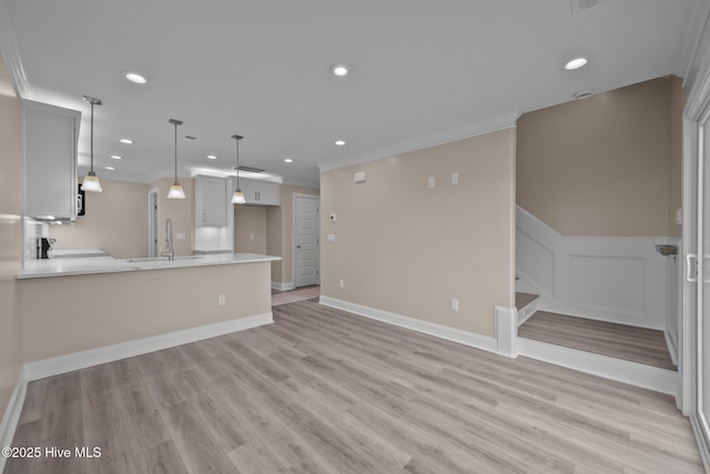 unfurnished living room featuring sink, light hardwood / wood-style flooring, and ornamental molding