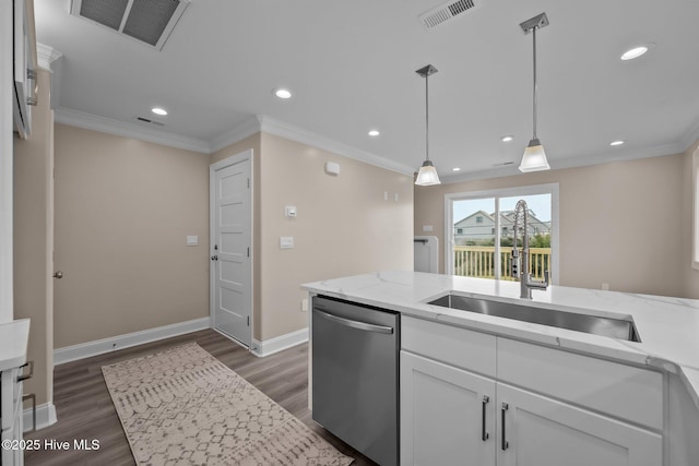 kitchen with light stone counters, dark wood-type flooring, dishwasher, white cabinetry, and hanging light fixtures