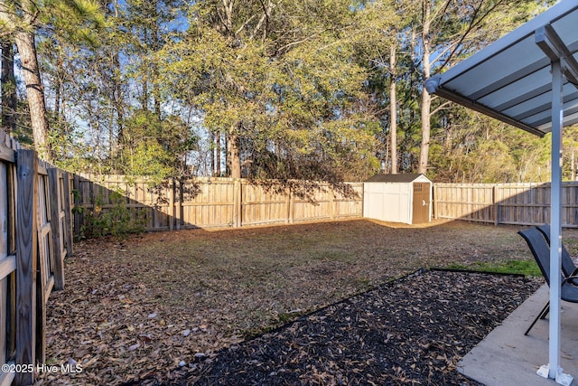 view of yard featuring a storage unit