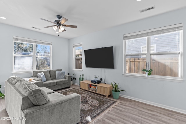 living room with ceiling fan and light wood-type flooring