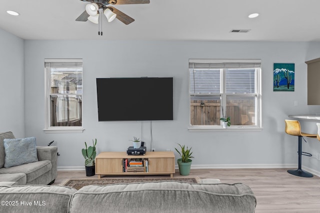 living room with ceiling fan and wood-type flooring