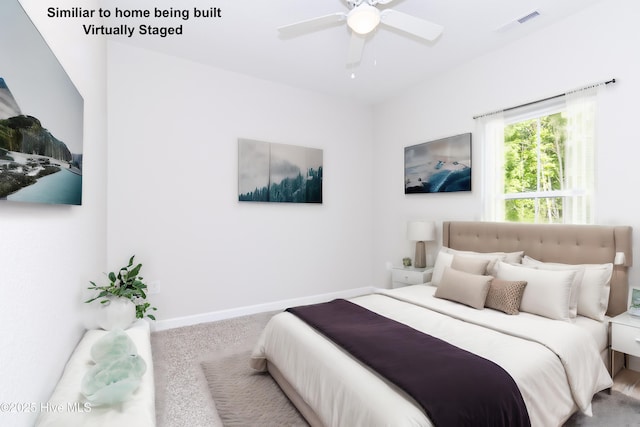 carpeted bedroom with ceiling fan