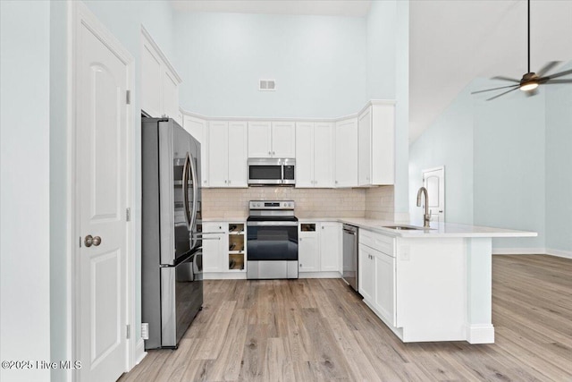 kitchen featuring sink, white cabinetry, light wood-type flooring, appliances with stainless steel finishes, and kitchen peninsula