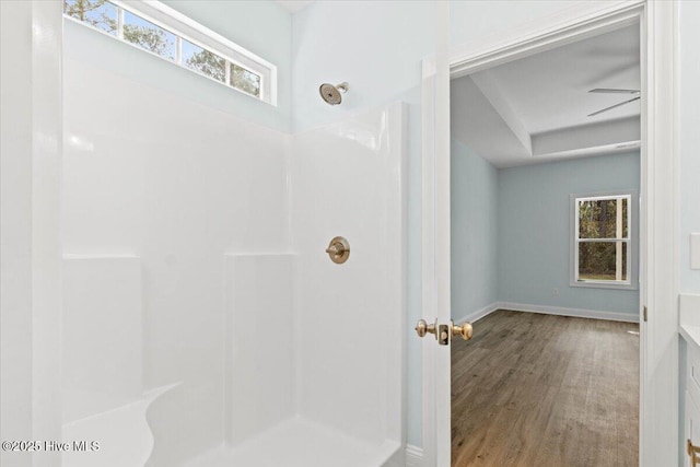 bathroom featuring hardwood / wood-style floors and walk in shower