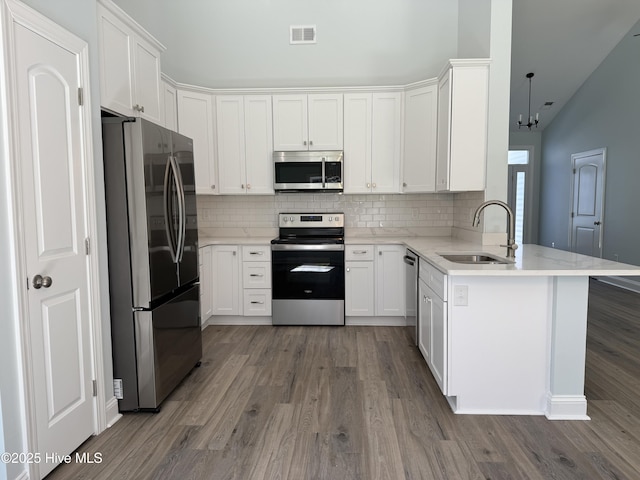 657 Boundary Loop NW, Carolina Shores, NC 28467 - kitchen featuring appliances with stainless steel finishes, a sink, a peninsula, wood finished floors, and lofted ceiling