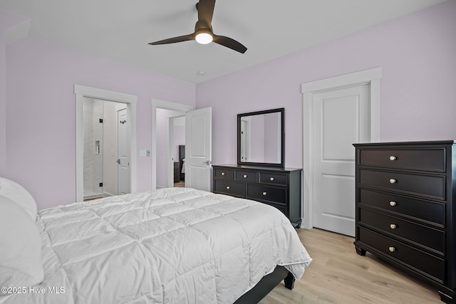 bedroom with ceiling fan and light hardwood / wood-style floors