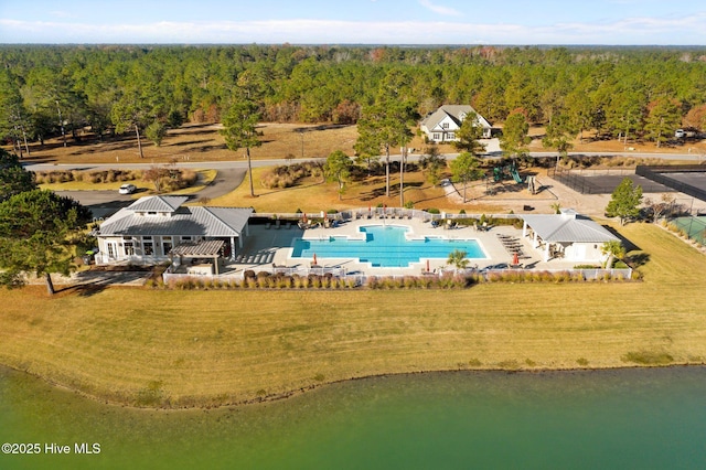 birds eye view of property featuring a water view