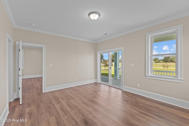 spare room featuring light wood-type flooring and ornamental molding