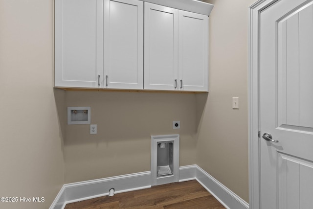 laundry room featuring cabinets, washer hookup, dark hardwood / wood-style floors, and electric dryer hookup