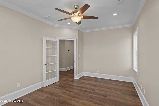 spare room with ceiling fan, french doors, dark wood-type flooring, and ornamental molding