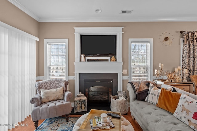 living room with hardwood / wood-style floors, a large fireplace, crown molding, and a wealth of natural light