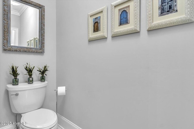 bathroom with toilet and ornamental molding