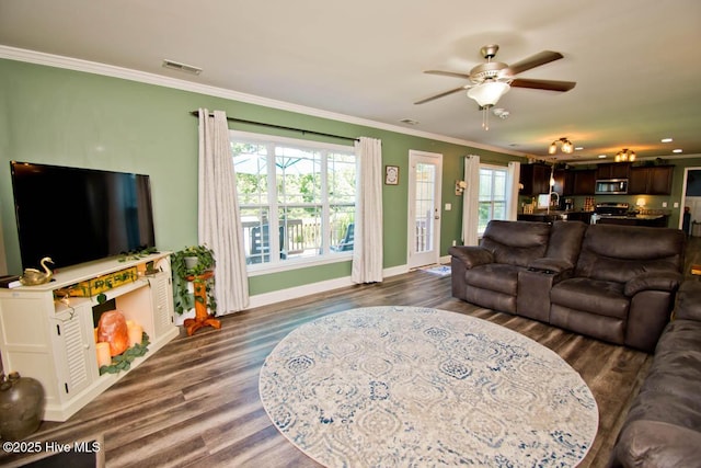 living room with ceiling fan, dark hardwood / wood-style flooring, and crown molding