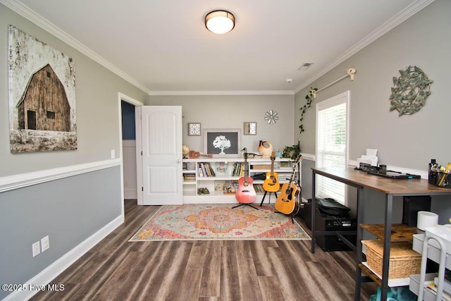 interior space featuring dark hardwood / wood-style floors and crown molding