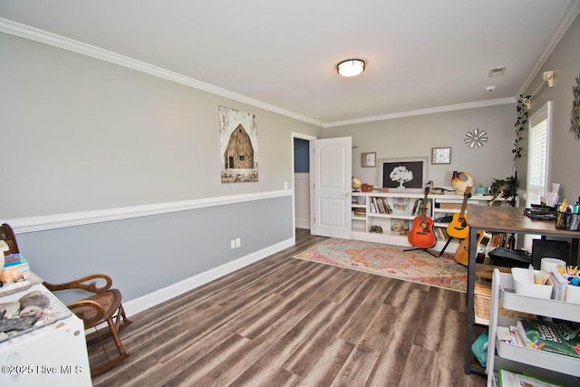 interior space with wood-type flooring and crown molding