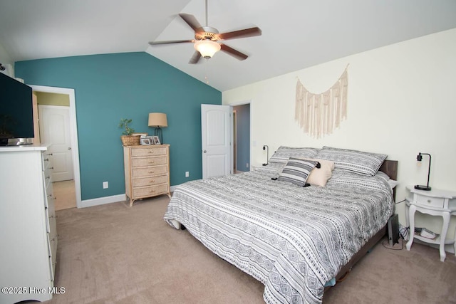 bedroom featuring light colored carpet, ceiling fan, and lofted ceiling