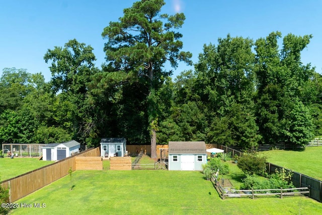 view of yard featuring a storage shed