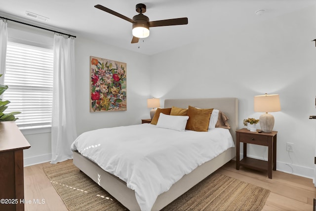 bedroom with ceiling fan and light hardwood / wood-style floors