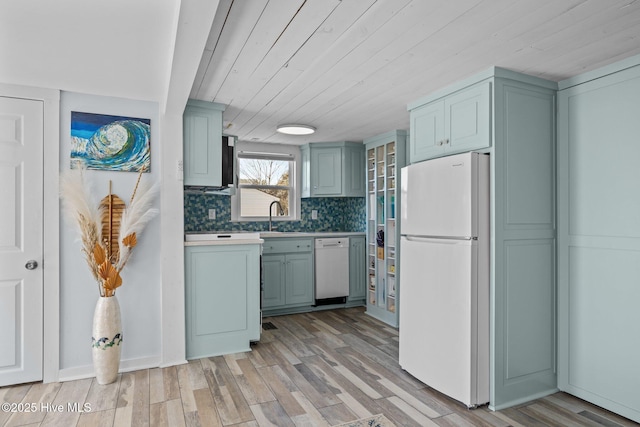 kitchen featuring white appliances, wood ceiling, decorative backsplash, sink, and light wood-type flooring