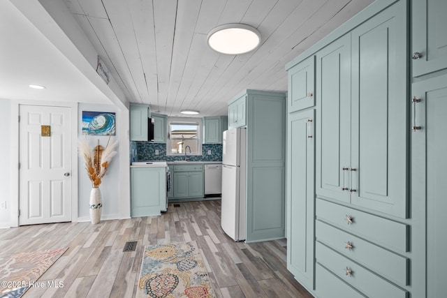 kitchen with wooden ceiling, decorative backsplash, white appliances, light hardwood / wood-style flooring, and sink