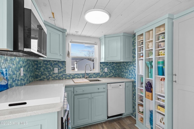 kitchen featuring dark hardwood / wood-style flooring, wood ceiling, sink, and white dishwasher