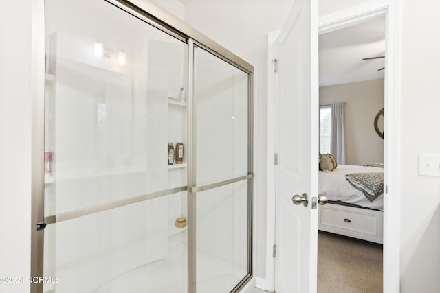 bathroom featuring a shower with shower door