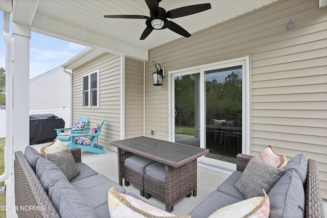 view of patio / terrace with area for grilling, an outdoor living space, and ceiling fan