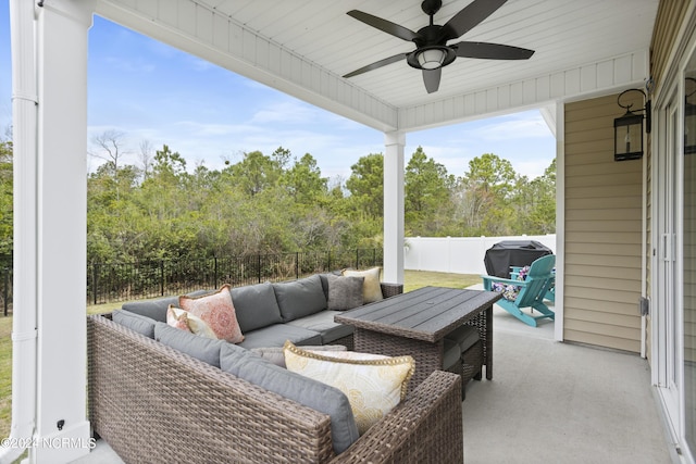 view of patio / terrace featuring an outdoor living space and ceiling fan