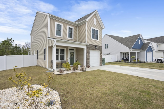 view of front of house with a front yard, a porch, and a garage