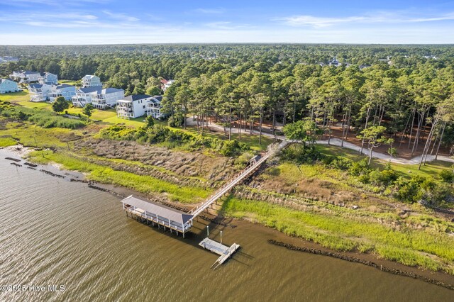 birds eye view of property with a water view and a forest view