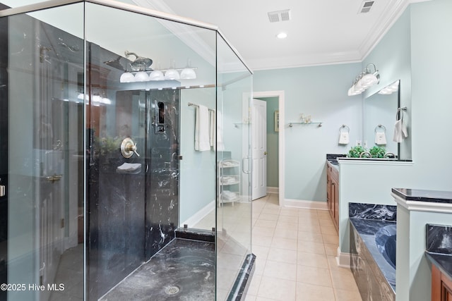 full bathroom featuring vanity, ornamental molding, tile patterned flooring, visible vents, and a shower stall