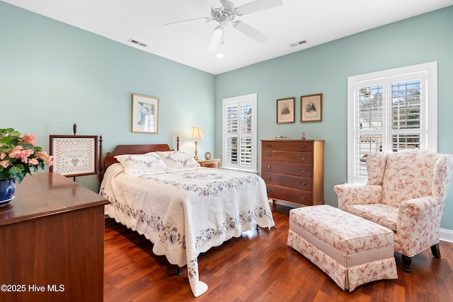 bedroom with recessed lighting, ceiling fan, visible vents, and dark wood-style floors