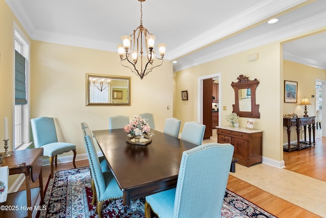 dining space featuring a notable chandelier, recessed lighting, baseboards, light wood-type flooring, and ornamental molding