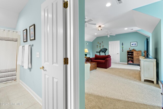 bedroom featuring visible vents, a ceiling fan, baseboards, recessed lighting, and vaulted ceiling