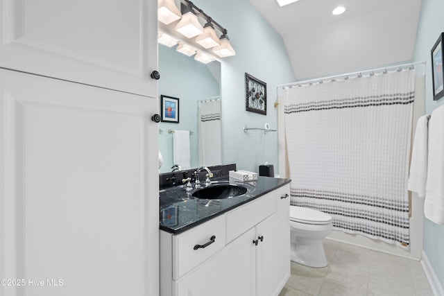 full bathroom featuring vanity, tile patterned floors, toilet, and shower / bath combination with curtain