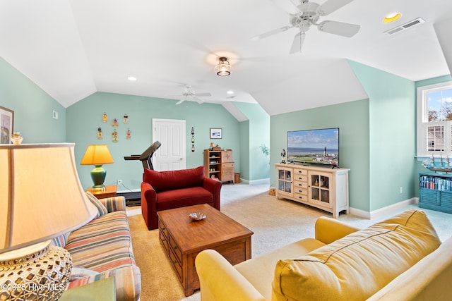 carpeted living room featuring a ceiling fan, visible vents, baseboards, lofted ceiling, and recessed lighting
