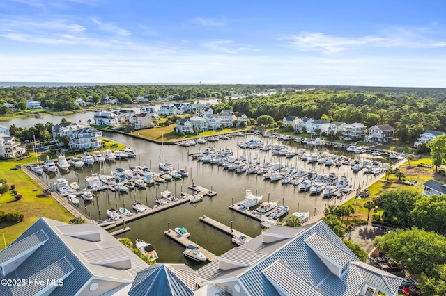 drone / aerial view featuring a water view