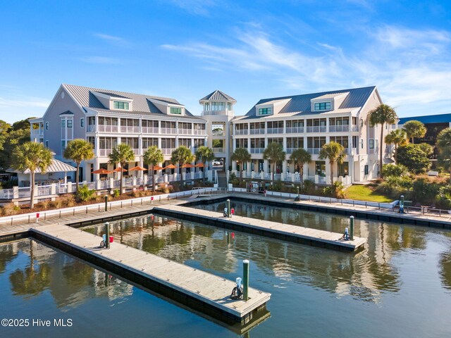 rear view of property with a water view and metal roof