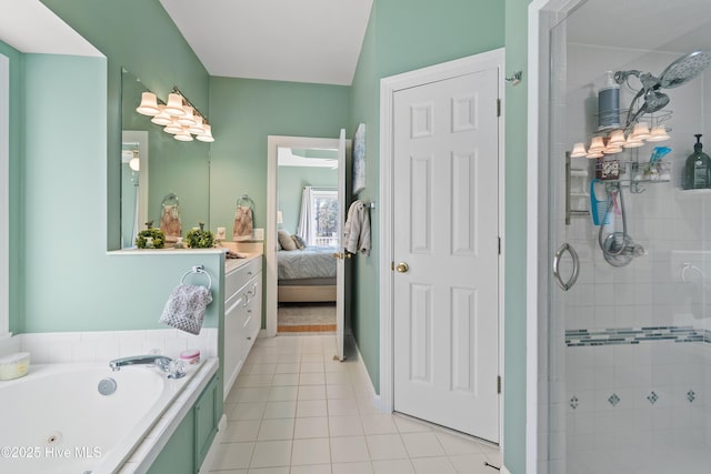 bathroom featuring tile patterned flooring and plus walk in shower