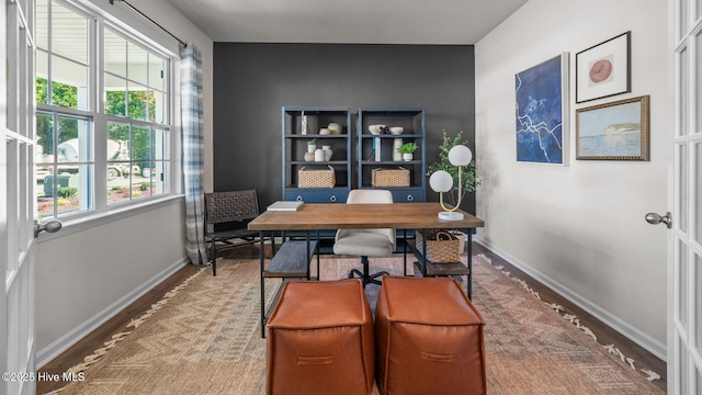 office with hardwood / wood-style flooring and a healthy amount of sunlight
