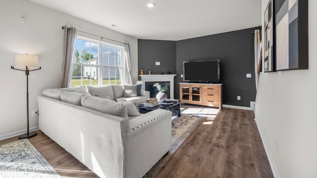 living room with dark hardwood / wood-style flooring