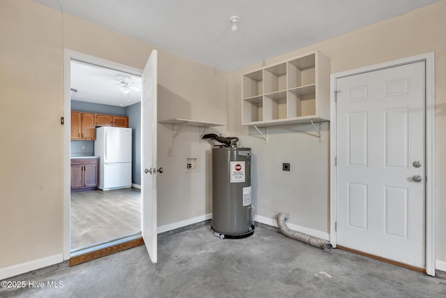 interior space featuring ceiling fan, water heater, and white fridge